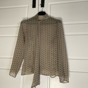 Zara sheer blue brown and gold floral long sleeve shirt with buttons and necktie